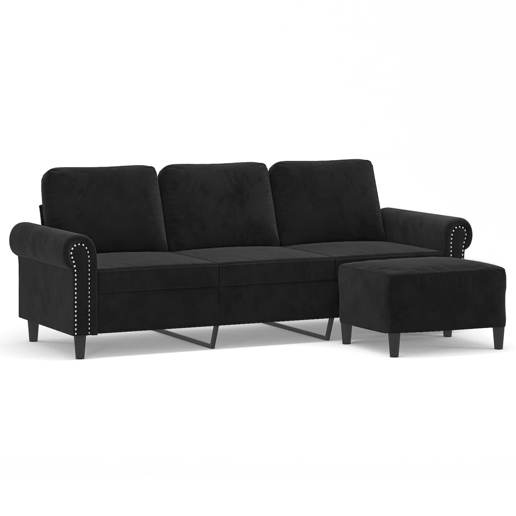 NNEVL 3-Seater Sofa with Footstool Black 180 cm Velvet-1