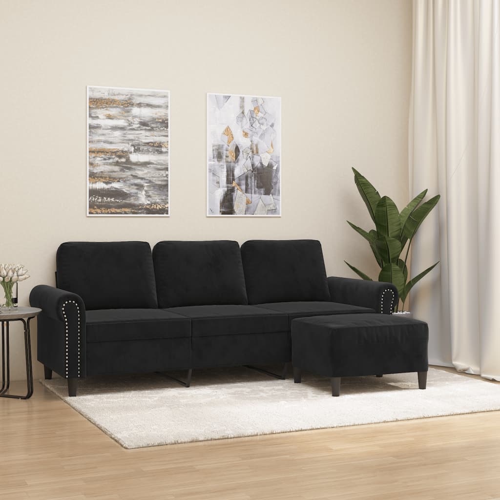 NNEVL 3-Seater Sofa with Footstool Black 180 cm Velvet-0